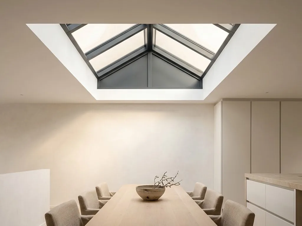 Sfeerimpressie keuken en eetkamer: zadeldak-lichtstraat boven een lange eiken eettafel